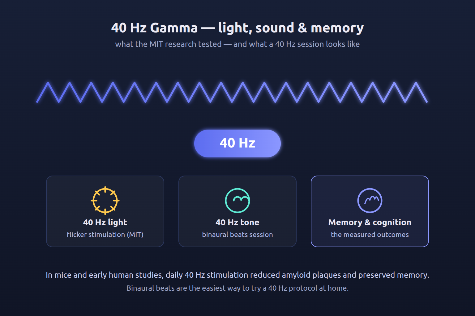 Diagram of a 40 Hz gamma wave with the 40 Hz badge and three cards: 40 Hz light, 40 Hz tone, memory and cognition outcomes